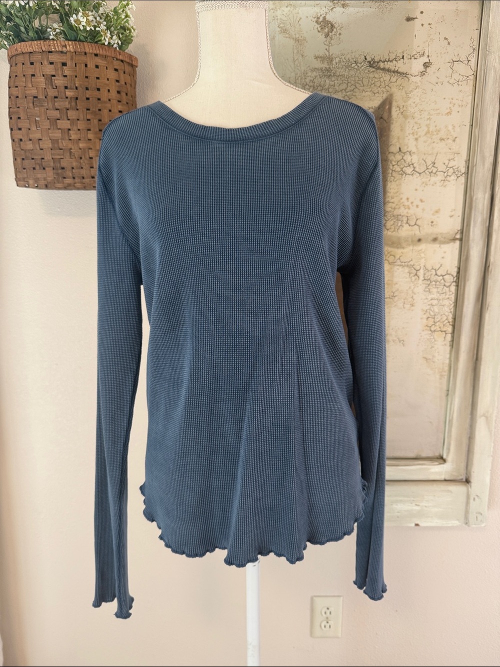 We The Free Dusty Blue Waffle Knit Long Sleeve Top